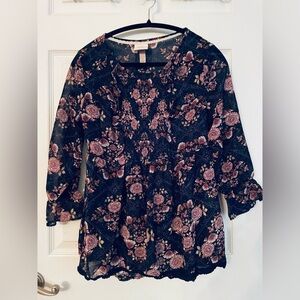 Knox Rose Black and Pink Floral Blouse Small